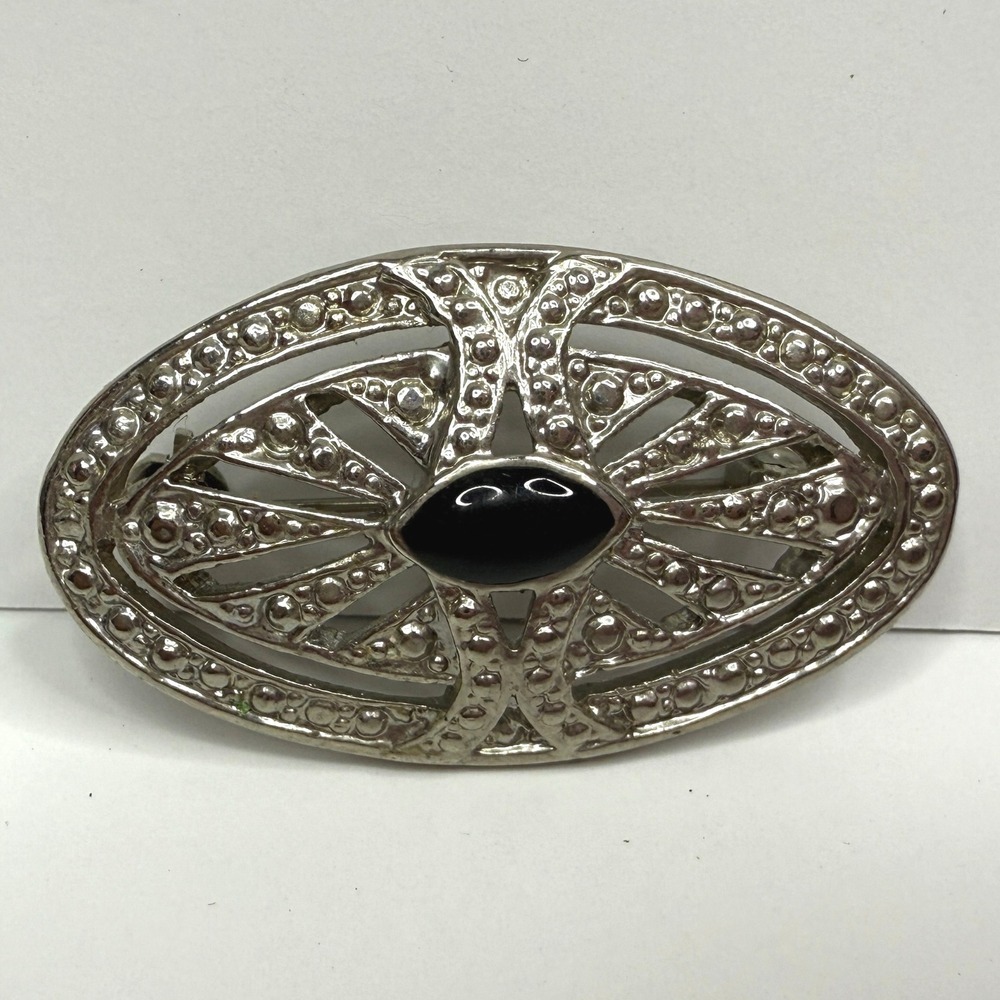 Vintage Black Onyx Stone Brooch Antique Silver Tone Costume Jewelry 1 3/4 in L